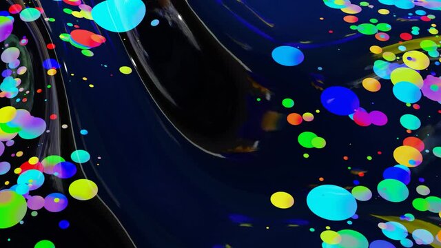 abstract looped background of shiny glossy surface like wavy transparent liquid with rainbow color circles float like drops of paint in oil. Beautiful creative background with color gradient in 4k. 3d