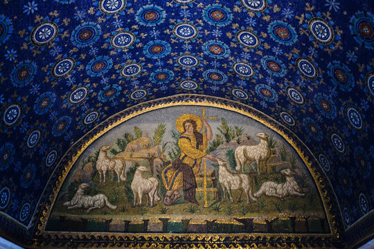 RAVENNA, ITALY - NOVEMBER 4, 2012: Mosaic in roman Galla Placidia mausoleum (Good Shepherd) in Ravenna city. Mausoleum was built between 425 and 433, this small mausoleum adopts a cruciform plan.