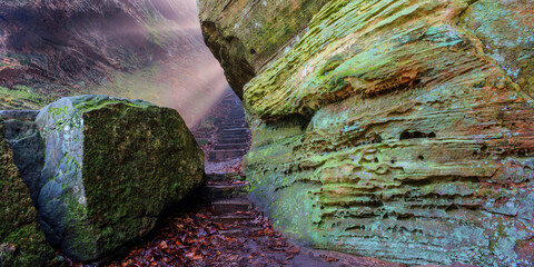 Morning sunrays  on stairs at Cantwell Cliffs in Hocking Hills State Park, Ohio