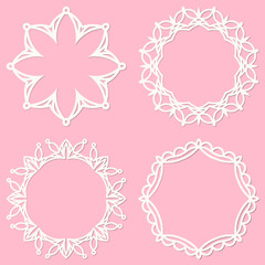 Set of 4 round frame with swirls, vintage frame. White frame with lace for paper or wood cutting. Doily ornament. Round decor pattern. Ornamental Frame with Curly Border decoration. Vector.