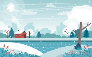 Cute winter landscape vector illustration in flat style