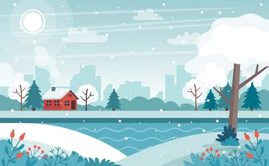 Photo sur Plexiglas Bleu clair Cute winter landscape vector illustration in flat style