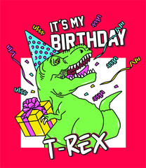 DINOSAUR REX WITH A GIFT CELEBRATING HIS BIRTHDAY