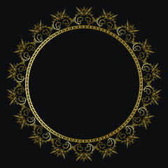 Luxury frame of gold color on a black background. Ornamental frame for cafe, restaurant, shop, print, stamp, elegant card. wedding invitations; Isolated element. Vector