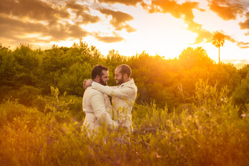 gay couple hugging at sunset