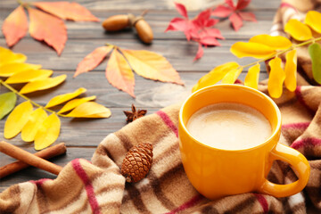 Obraz na płótnie Canvas Hot coffee and autumn leaves on plaid - seasonal relax concept