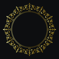 Luxury frame of gold color on a black background. Ornamental frame for cafe, restaurant, shop, print, stamp, elegant card. wedding invitations; Isolated element. Vector