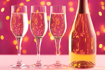 Champagne bottle and glass against bokeh lights background