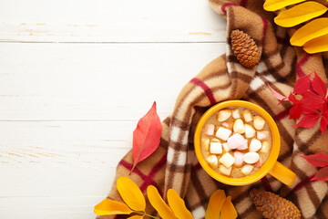 Hot chocolate and autumn leaves on white - seasonal relax concept
