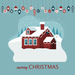 Winter landscape with cute houses and hanging lights. Christmas greeting card template. Vector illustration in flat style.