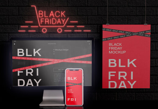 Smartphone, Computer and Banner Mockup with Black Friday theme
