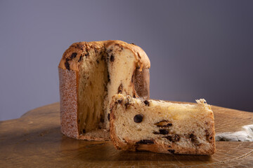Panettone with chocolate chips on rustic wood with gray background, selective focus.