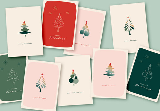 Holiday Card Layout Set With Illustrative Christmas Trees