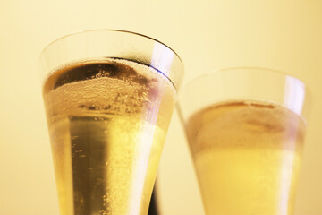 Bottle of shampagne and a two glasses closeup
