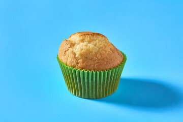 One fluffy muffin in green paper mold on blue background