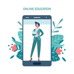 online education or distance exam concept, screen with teacher, studying on laptop. Vector illustration in flat style

