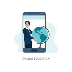 online education or distance exam concept, screen with teacher, studying on laptop. Vector illustration in flat style

