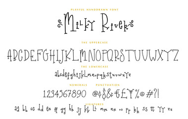 Handwritten script playful font Milky River vector alphabet set