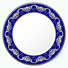 Circle frame, workpiece for your design. Ornamental elements and motifs of Kazakh, Kyrgyz, Uzbek, national Asian decor for plate, textile and print design. Round frame. Vector. 