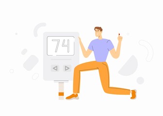 Diabetes banner or landing page. Male character measuring blood glucose or sugar level with a glucose meter. 