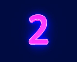 shine neon light glow glassy alphabet - number 2 isolated on dark, 3D illustration of symbols