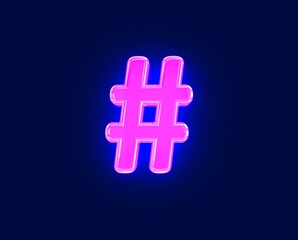Obraz premium shiny neon light glow glass made alphabet - number sign isolated on dark, 3D illustration of symbols