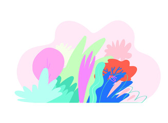Trendy flat simple style landscape with plants, branches, and leaves. Blue and purple colors. Fairy forest floral design. Great for apparel print, sticker, card, art for business and personal projects