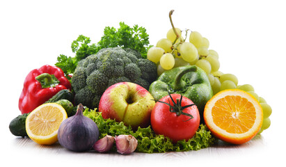 Composition with fresh vegetables and fruits isolated on white