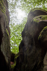 Felsenformation aus Sandstein im Bach in der Teufelsschlucht, Eifel