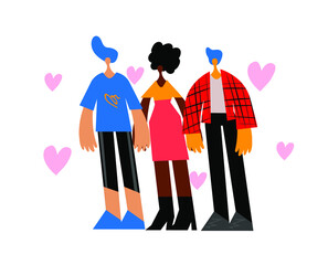 Polyamorous polygamous family. Two men and one woman hugging each other. Nonmonogamous relationship concept. LGBTQ pride. Vector flat illustration.