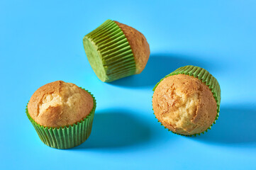 One fluffy muffin in green paper mold on blue background