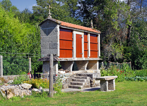 Traditional food storehouse in Galicia. Horreo building is a Galician granaries, Galicia, Spain