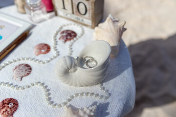 Close up view of wedding rings in the white ceramic shell on the table with wedding decor at the beach wedding ceremony, Punta Cana, Dominican Republic