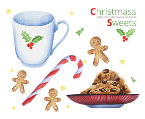 Watercolor collection of decorative elements. Christmas sweets on white backdrop with pattern of holly and bright stars. Hand drawn illustration of ginger men, sugar stick, plate of biscuits and cup