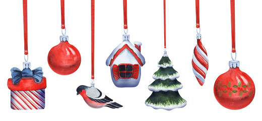 Watercolor set of ornaments for Christmas tree hanging on red ribbons. Thematic glass toys on white backdrop: balls, Christmas tree, gift, spiral, bullfinch. Hand drawn atmospheric winter collection