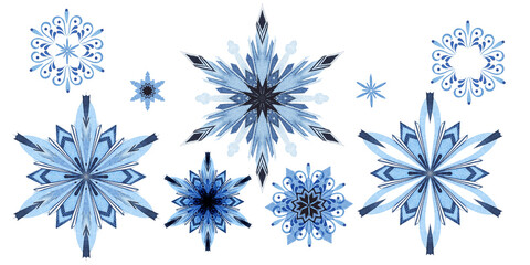 Watercolor collection of nine ornate beautiful snowflakes isolated on white background. Transparent ice patterns with unique peculiarities. Hand drawn illustration of ice elegance