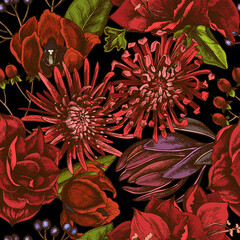 Seamless pattern with hand drawn colored viburnum, hypericum, tulip, aster, leucadendron, amaryllis