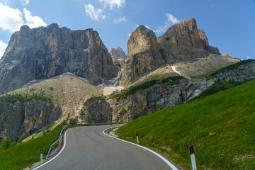 Mountain landscape along the road to Gardena pass, Dolomites