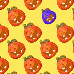 Cheerful Jack pumpkin pattern on a yellow background with one blue pumpkin.