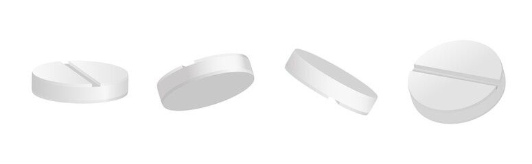 Falling tablet. Round realistic pill. Medicine tablets vitamins and capsule drugs. Vector 3D medical antibiotic.