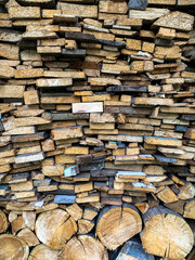 Stock of firewood for a fireplace, stove or fire. Pile of logs prepared and stored in bulk