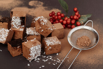Chocolate soufflé, marshmallow, French dessert. Homemade cakes, mother's day gift, valentine's day.