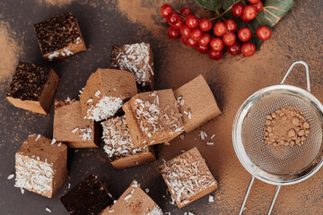 Chocolate soufflé, marshmallow, French dessert. Homemade cakes, mother's day gift, valentine's day.