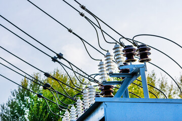 High voltage power transformer substation high voltage generator at evening or early morning outdoor