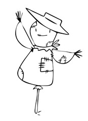 Scarecrow Halloween black and white outline. Holiday decoration concept. Vector hand drawn style. 