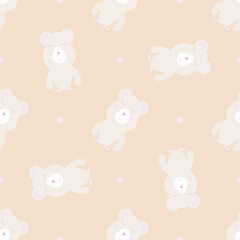 Seamless pattern with funny bear on a light yellow background. For children's textiles and linen, wrapping paper, notebook and phone covers. Vector illustration