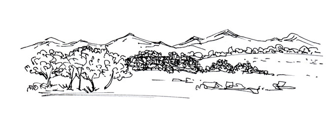 Black and white watercolor landscape of blurred silhouettes of houses, bushy trees and endless mountain ranges. Hand drawn sketch with summer view of small mountain village among woodland
