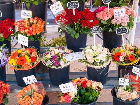 Colorful flower bouquets at a french flower market