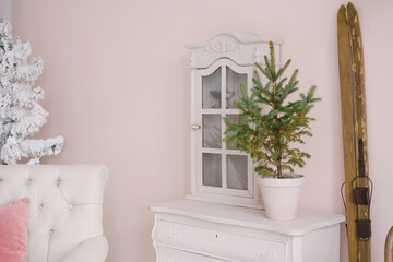 A Christmas tree in a ceramic pot stands on a white dresser in the living room, decorated for Christmas or New Year. Retro wooden skis stand near the wall