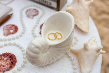 Close up view of wedding rings in the white ceramic shell on the table with wedding decor at the...